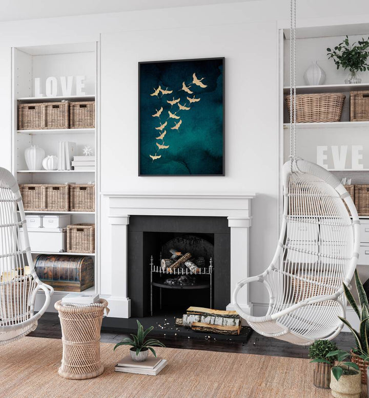 Teal Flying Cranes By Aureous Wildlife Art Prints in Black Plain Frame placed on a White Colored Wall above a Fire place  in the Living Room