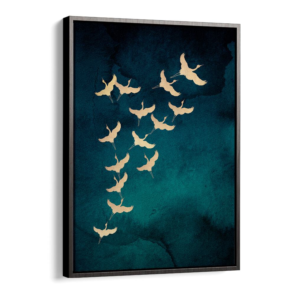 Teal Flying Cranes By Aureous Wildlife Art Prints in Black Floater Frame