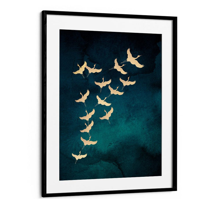 Teal Flying Cranes By Aureous Wildlife Art Prints in Black Frame With Mount