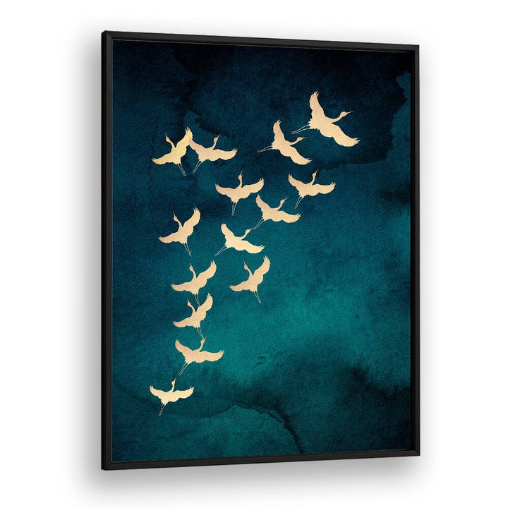 Teal Flying Cranes By Aureous Wildlife Art Prints in Black Plain Frame