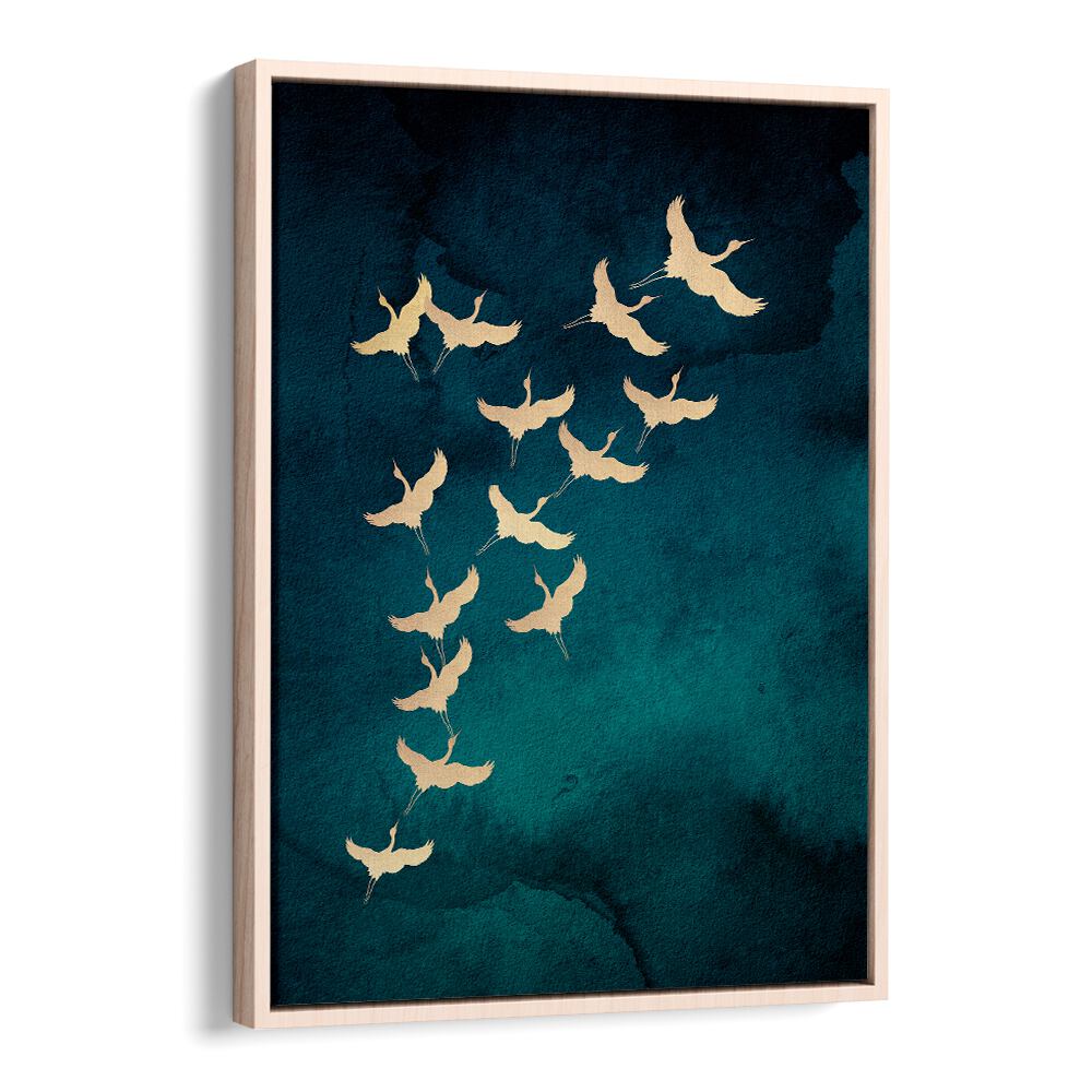 Teal Flying Cranes By Aureous Wildlife Art Prints in Oak Wood Floater Frame