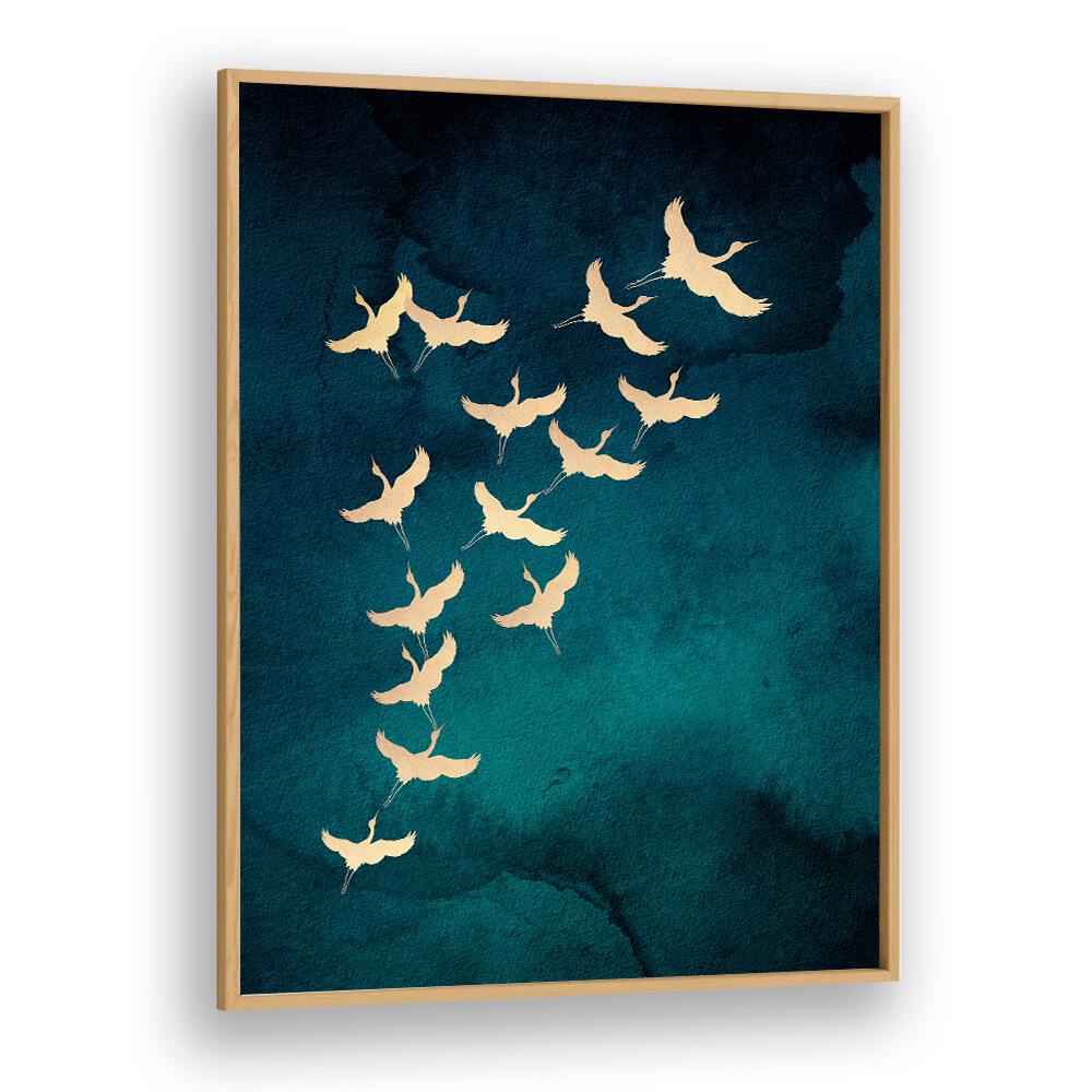 Teal Flying Cranes By Aureous Wildlife Art Prints in Oak Wood Plain Frame