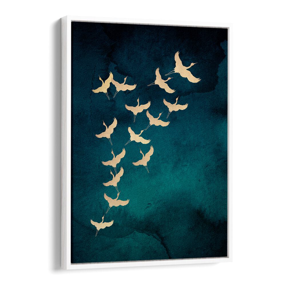 Teal Flying Cranes By Aureous Wildlife Art Prints in White Floater Frame