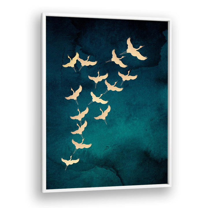 Teal Flying Cranes By Aureous Wildlife Art Prints in White Plain Frame