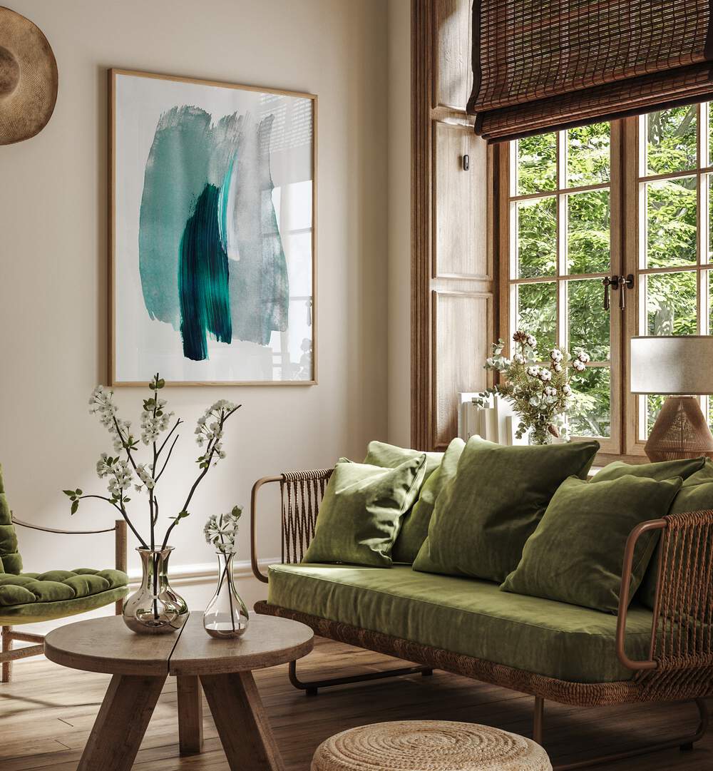 Teal Green Horizon By Mareike Bohmer Abstract Art Abstract Paintings in Oak Wood Plain Frame placed on a Cream Colored Wall near a Green Sofa in the Living Room