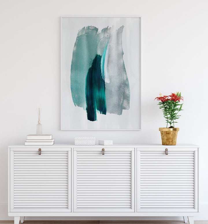 Teal Green Horizon By Mareike Bohmer Abstract Art Abstract Paintings in White Plain Frame placed on a White Colored Wall above a Console Table 