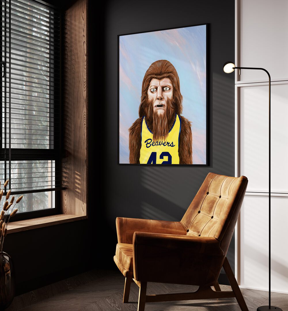 Teen Wolf by Famous When Dead Pop Art Paintings Pop Art Prints in Black Plain Frame placed on a wall beside an orange sofa and a window