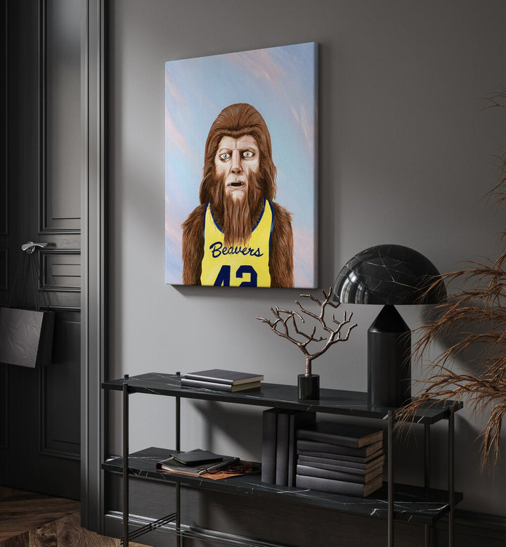 Teen Wolf by Famous When Dead Pop Art Paintings Pop Art Prints in Gallery Wrap placed on a wall behind a table and beside a door