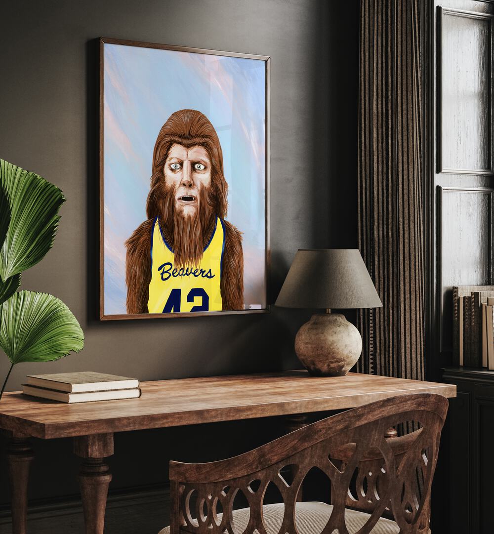 Teen Wolf by Famous When Dead Pop Art Paintings Pop Art Prints in Dark Wood Plain Frame placed on a wall above a study table beside a lamp