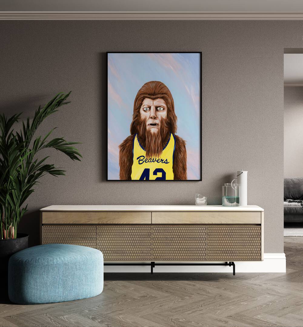 Teen Wolf by Famous When Dead Pop Art Paintings Pop Art Prints in Black Plain Frame placed on a wall behind a console table