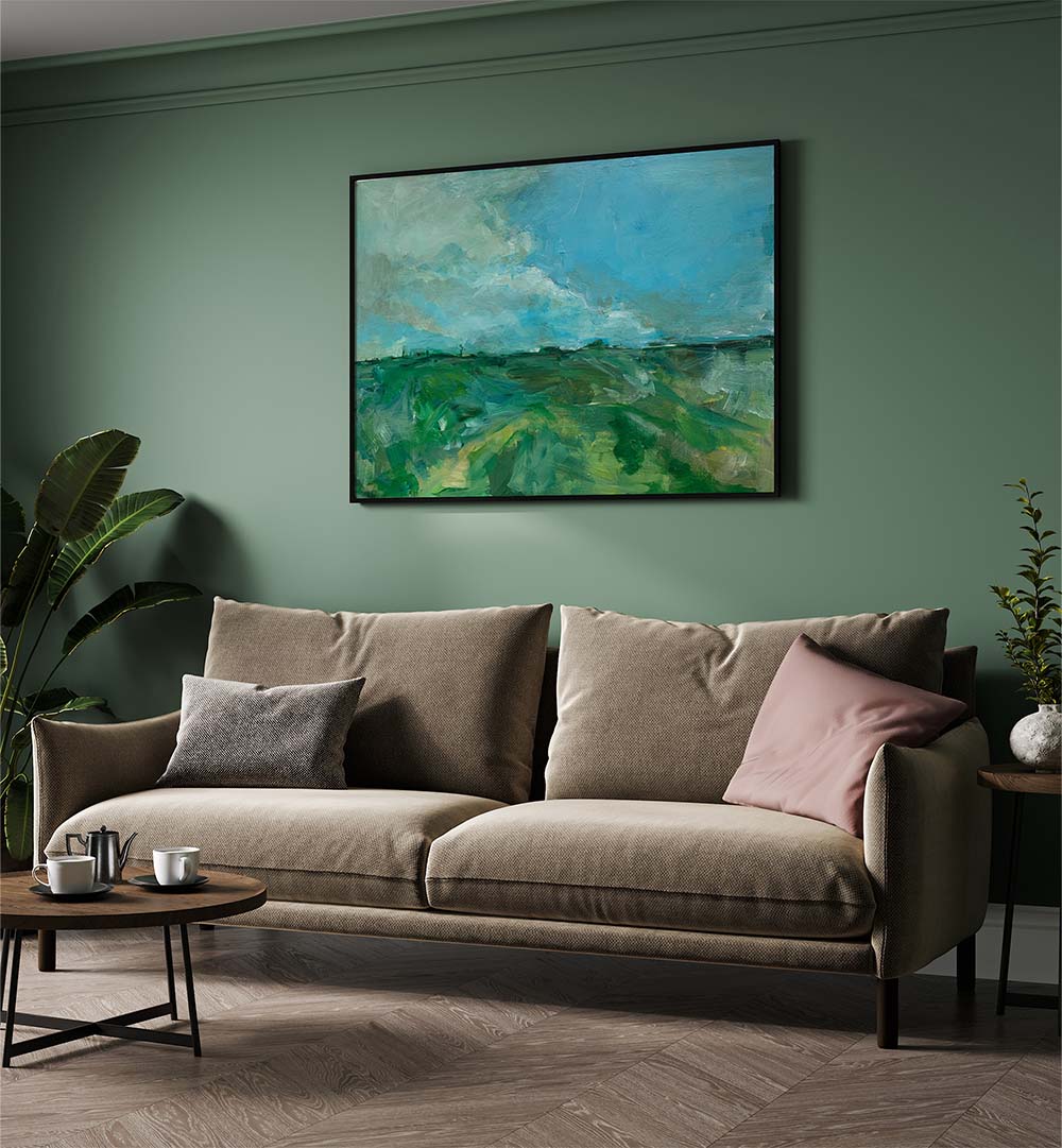 Vibrant Telscombe Tye Landscape Paintings enhancing a stylish living space with modern decor and comfortable seating.
