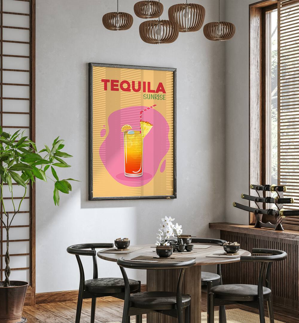 Tequila Sunrise Cafe Art Prints Cafe Posters in Black Plain Frame placed on a wall in a dining room area beside a window and behind a dining table