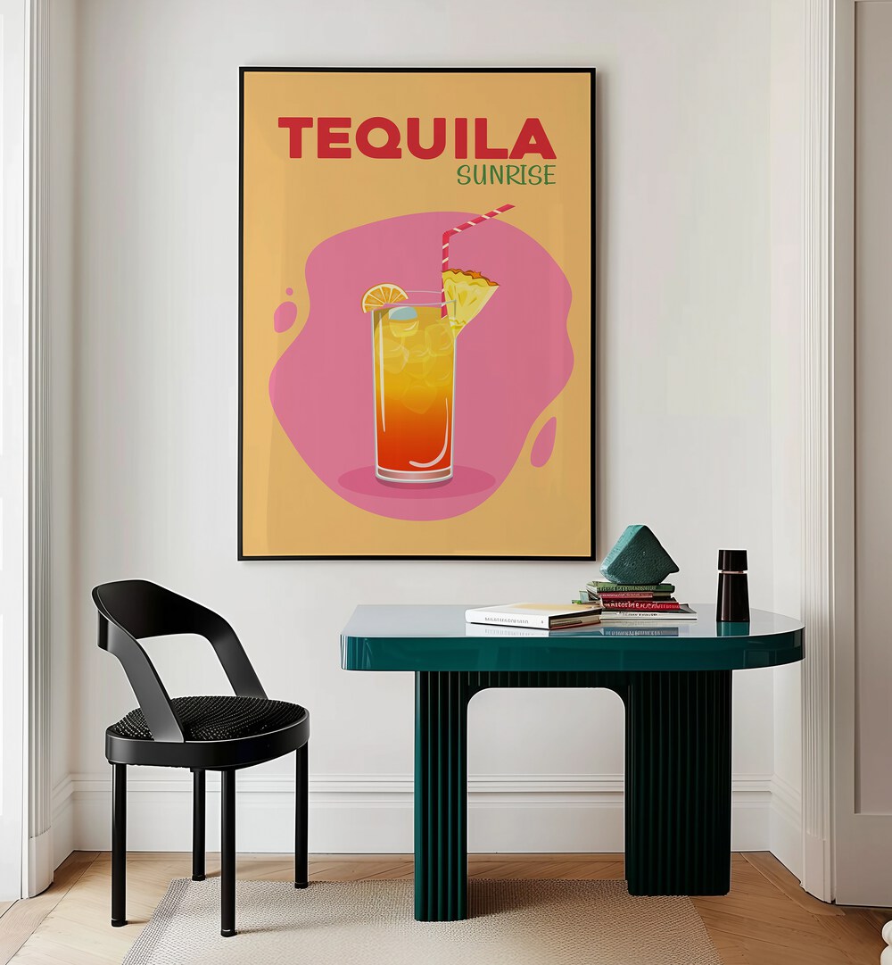 Tequila Sunrise Cafe Art Prints Cafe Posters in Black Plain Frame placed on a wall behind a study table