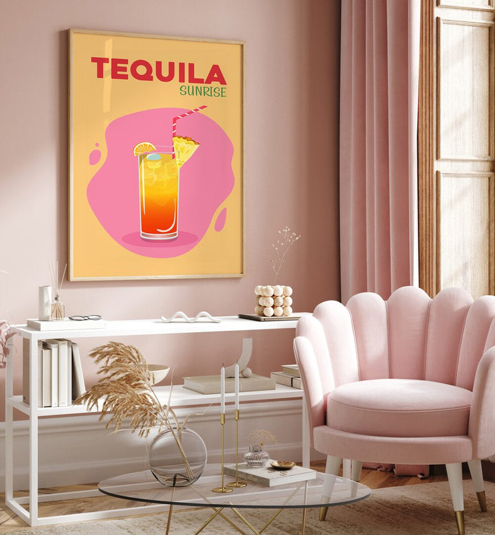 Tequila Sunrise Cafe Art Prints Cafe Posters in Oak Wood Plain Frame placed on a wall behind a table