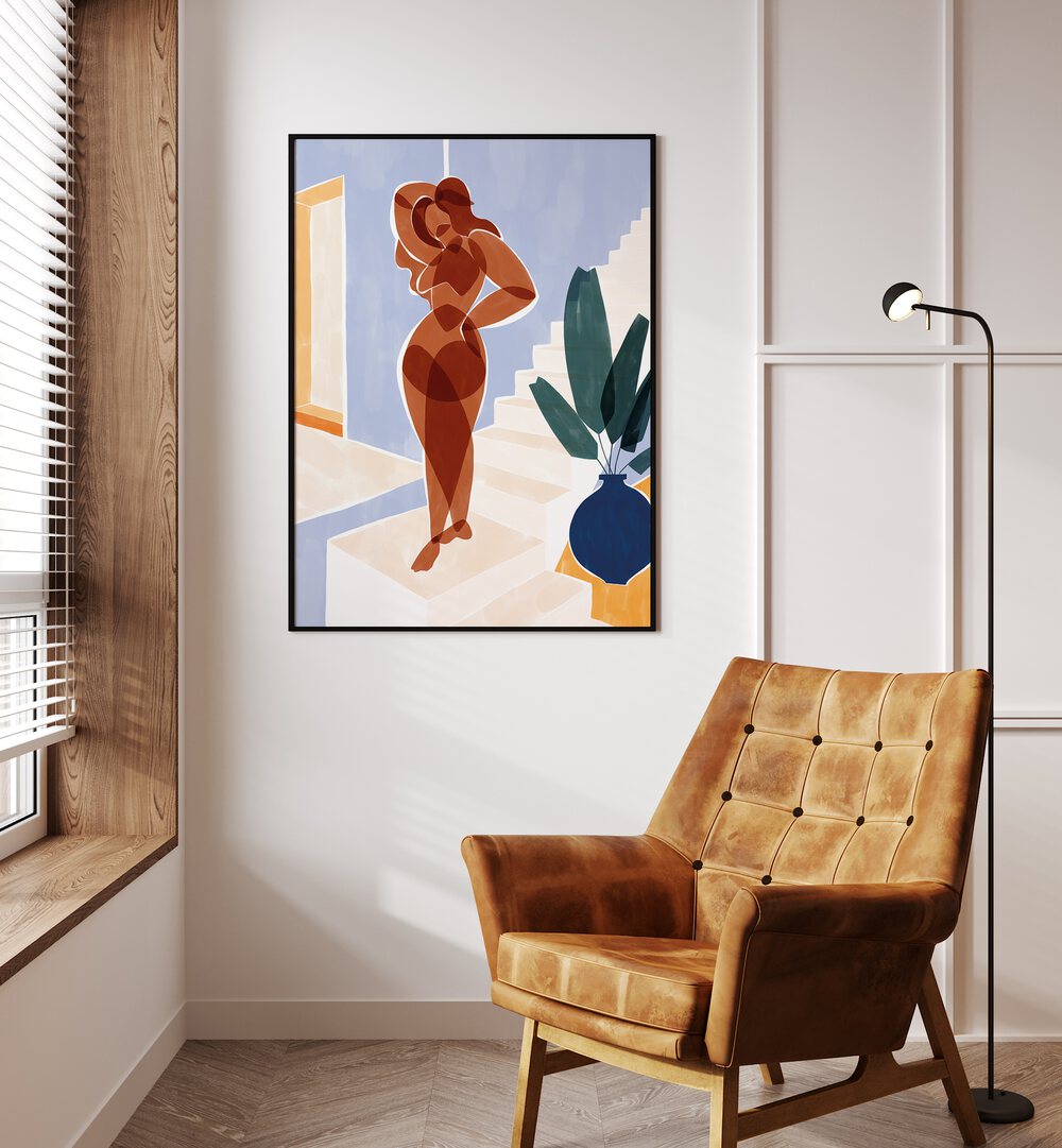 Terracotta Woman By Ivy Green Women Illustration Paintings in Black Plain Frame on a white wall beside a window