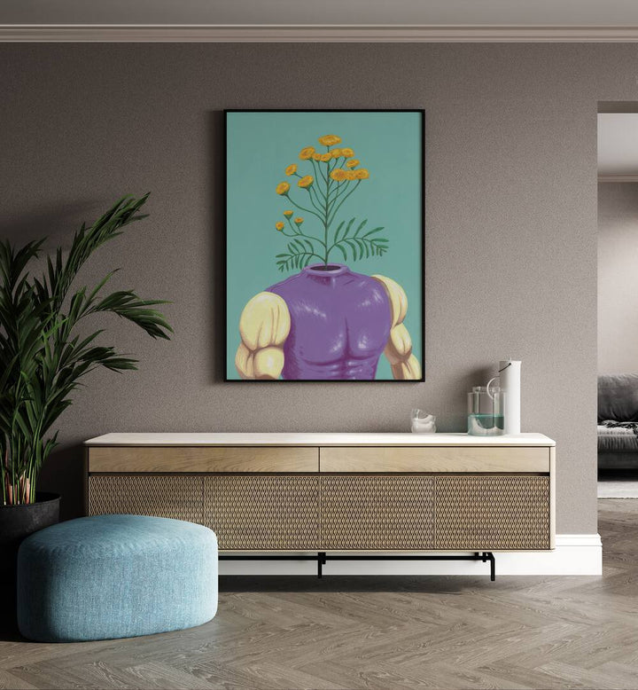 The Abominature by Famous When Dead Pop Art Paintings Pop Art Prints in Black Plain Frame placed on a wall behind a console table