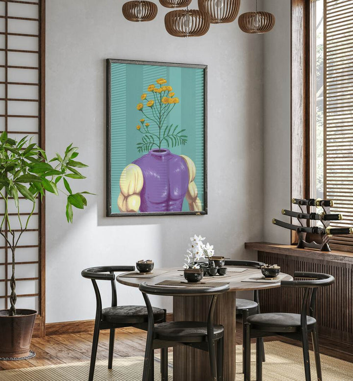 The Abominature by Famous When Dead Pop Art Paintings Pop Art Prints in Black Plain Frame placed on a wall behind a dining table and beside a window for dining area