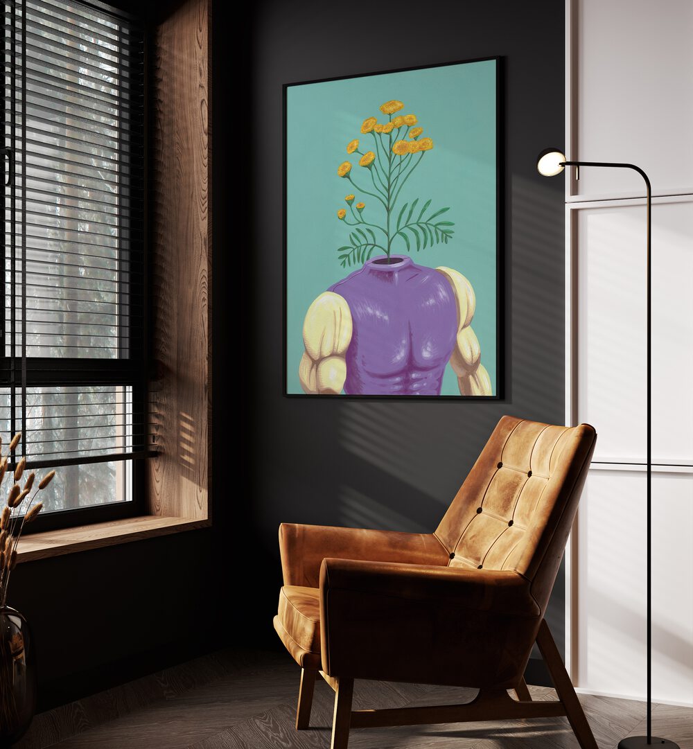 The Abominature by Famous When Dead Pop Art Paintings Pop Art Prints in Black Plain Frame placed on a wall beside an orange sofa and a window