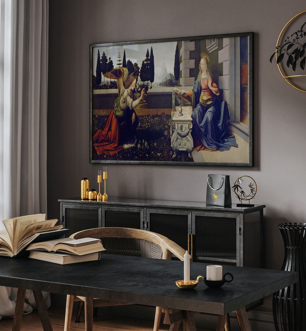 The Annucation Circa 1472 Vintage Paintings in Black Plain Frame placed on a wall behind a console table for study area