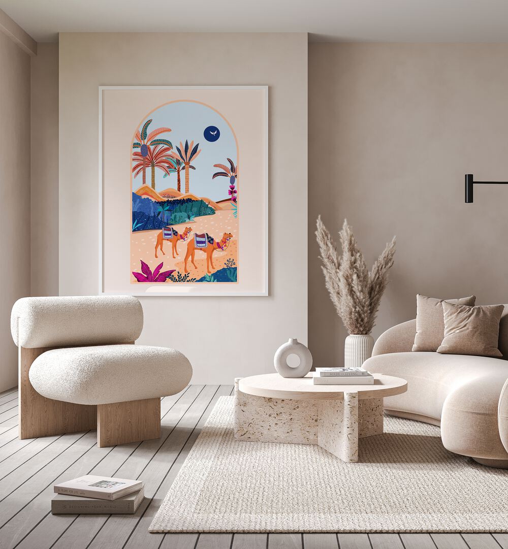 The Arbian Desert By Uma Gokhale Landscape Art Prints in White Plain Frame on a beige wall behind a sofa for living room