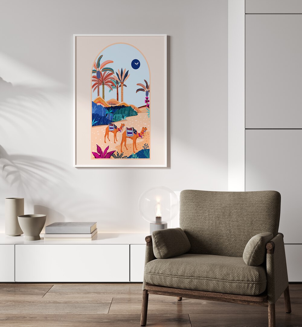 The Arbian Desert By Uma Gokhale Landscape Art Prints in White Plain Frame on a white wall above a console table behind a sofa