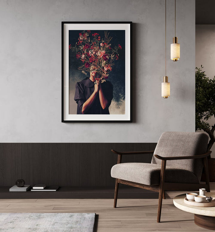 The Autumns After I Found You By Frank Moth Surreal Art Prints Surrealism in Black Frame With Mount placed on a wall beside a chair