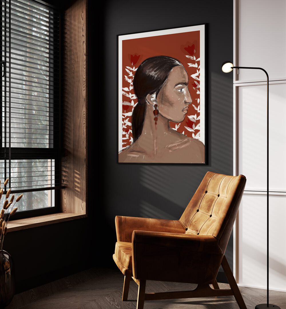 The Beginning by Treechild Women Illustration Paintings in Black Plain Frame placed on a wall beside an orange sofa