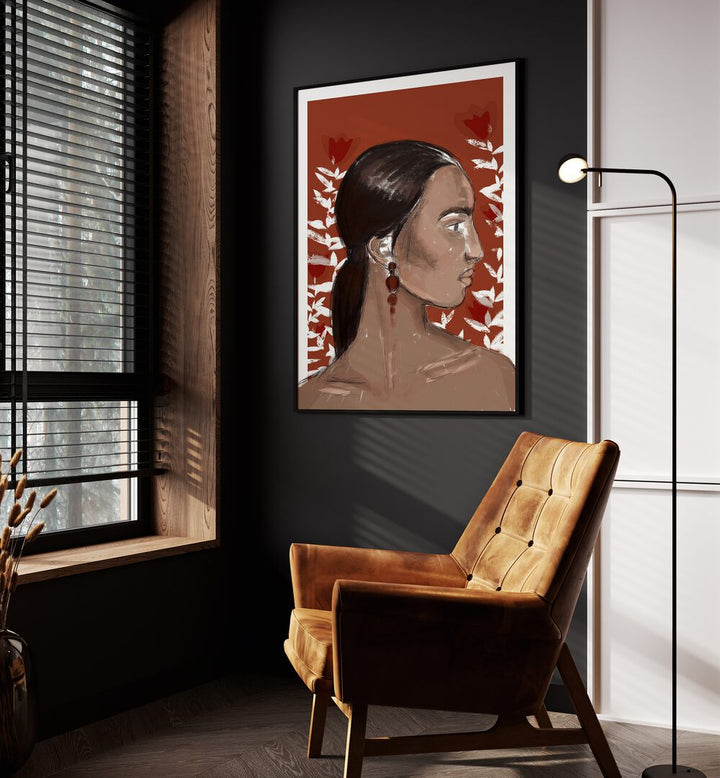 The Beginning by Treechild Women Illustration Paintings in Black Plain Frame placed on a wall beside an orange sofa