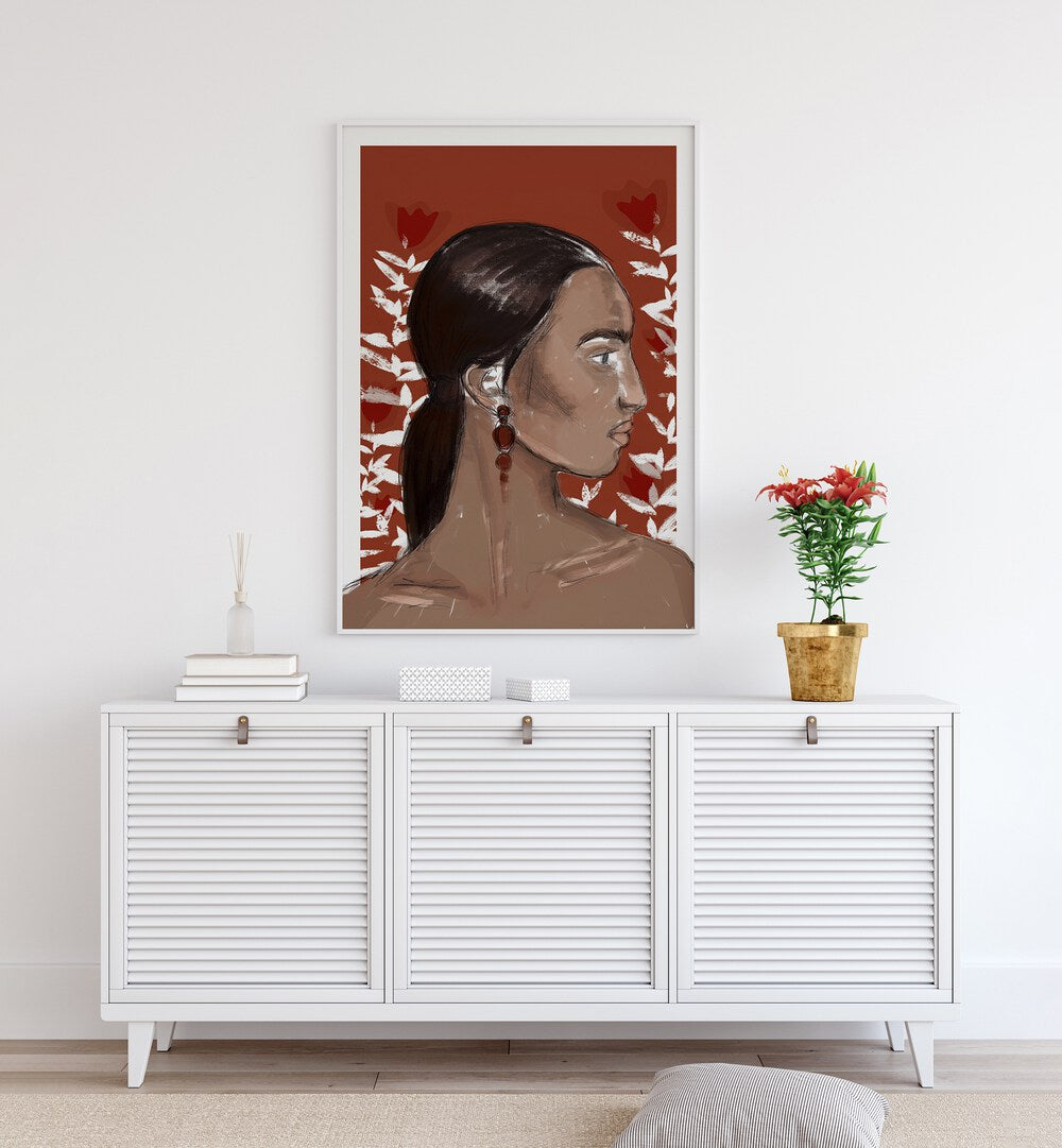 The Beginning by Treechild Women Illustration Paintings in White Frame With Mount placed on a wall behind a console table