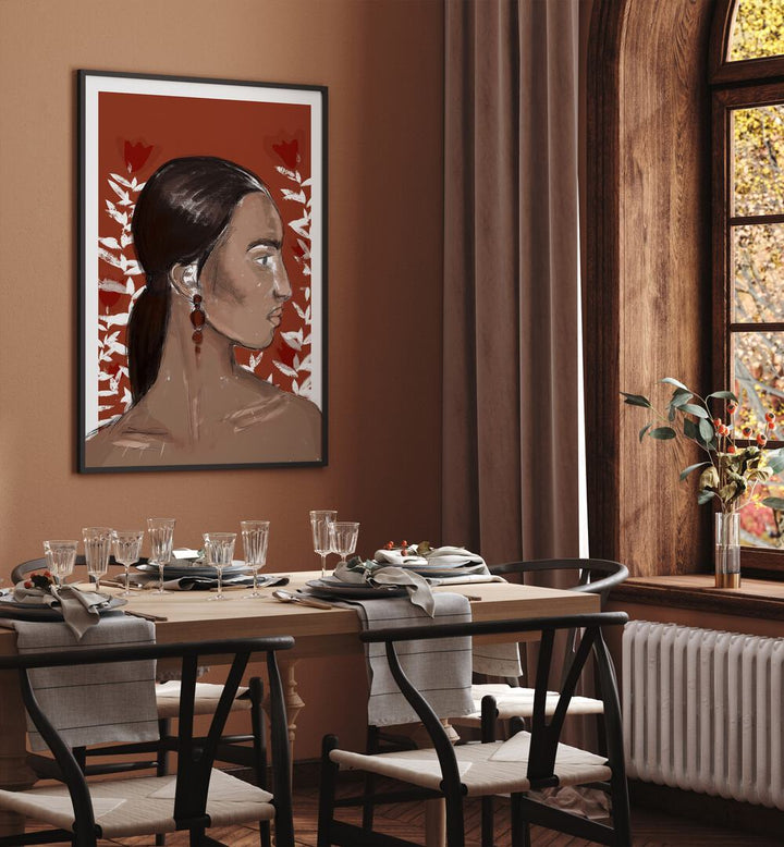 The Beginning by Treechild Women Illustration Paintings in White Plain Frame placed on a wall behind a dining table