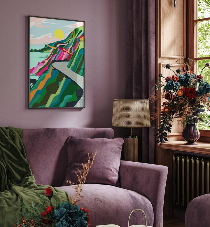 The Best Is Yet To Come By Uma Gokhale Landscape Art Prints in Black Plain Frame behind a sofa on a wall