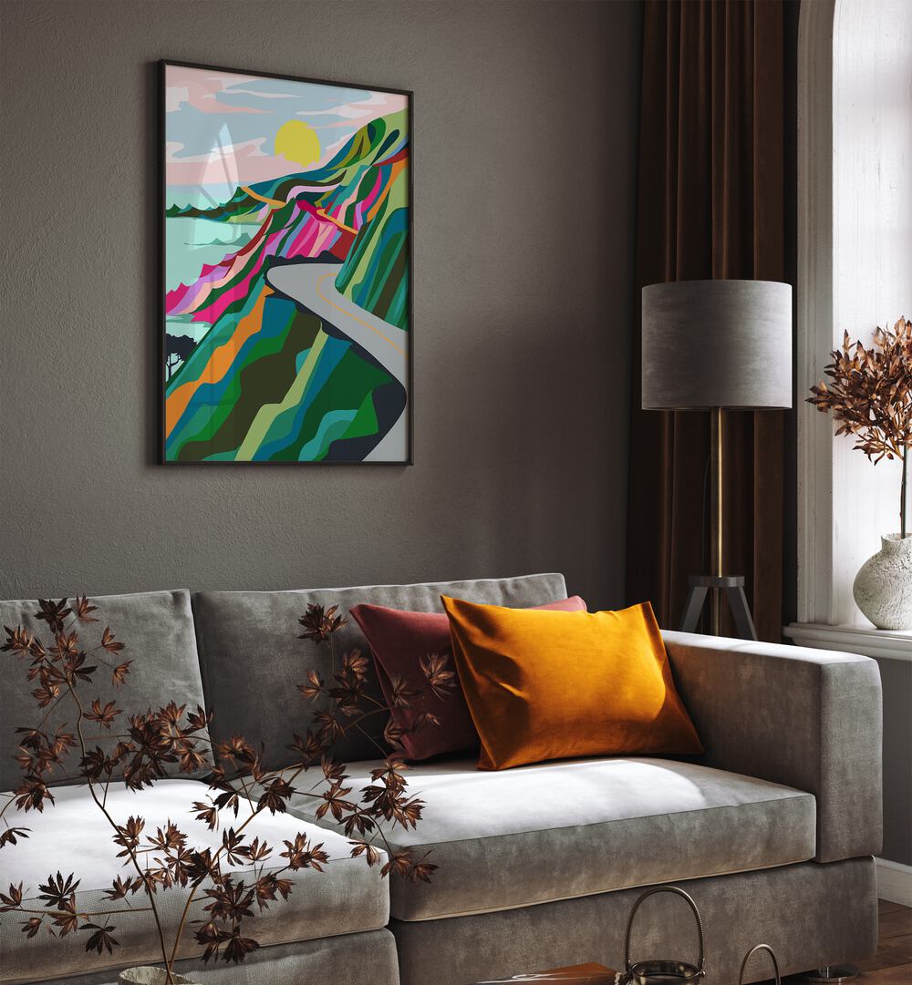 The Best Is Yet To Come By Uma Gokhale Landscape Art Prints in Black Plain Frame behind a sofa on a wall 