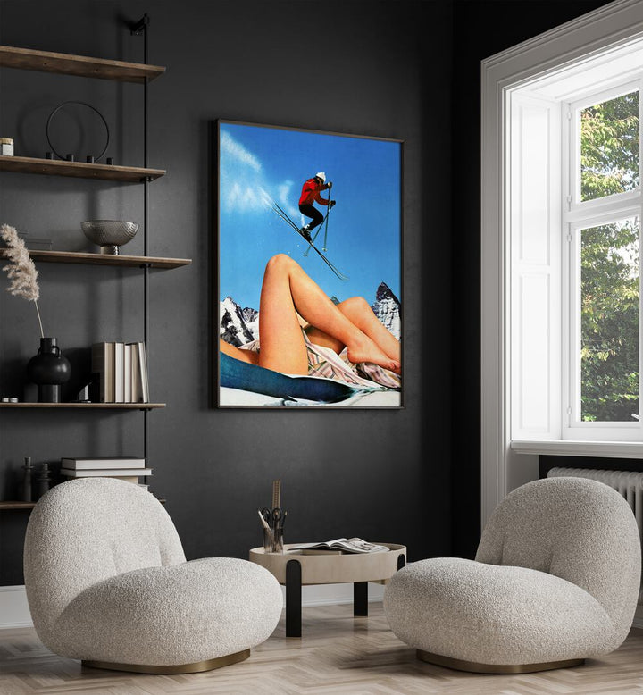 The Big Jump Surreal Paintings Surreal Art Prints in Black Plain Frame placed on a Dark Grey Colored Wall in the Drawing Room