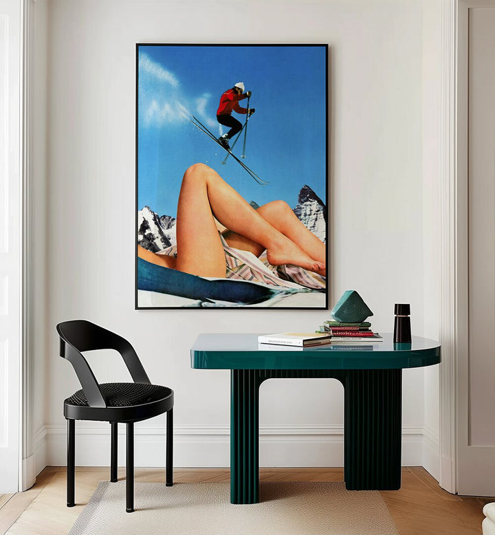 The Big Jump Surreal Paintings Surreal Art Prints in Black Plain Frame placed on a White Colored Wall Above a Study Table near a Workspace in the Drawing Room