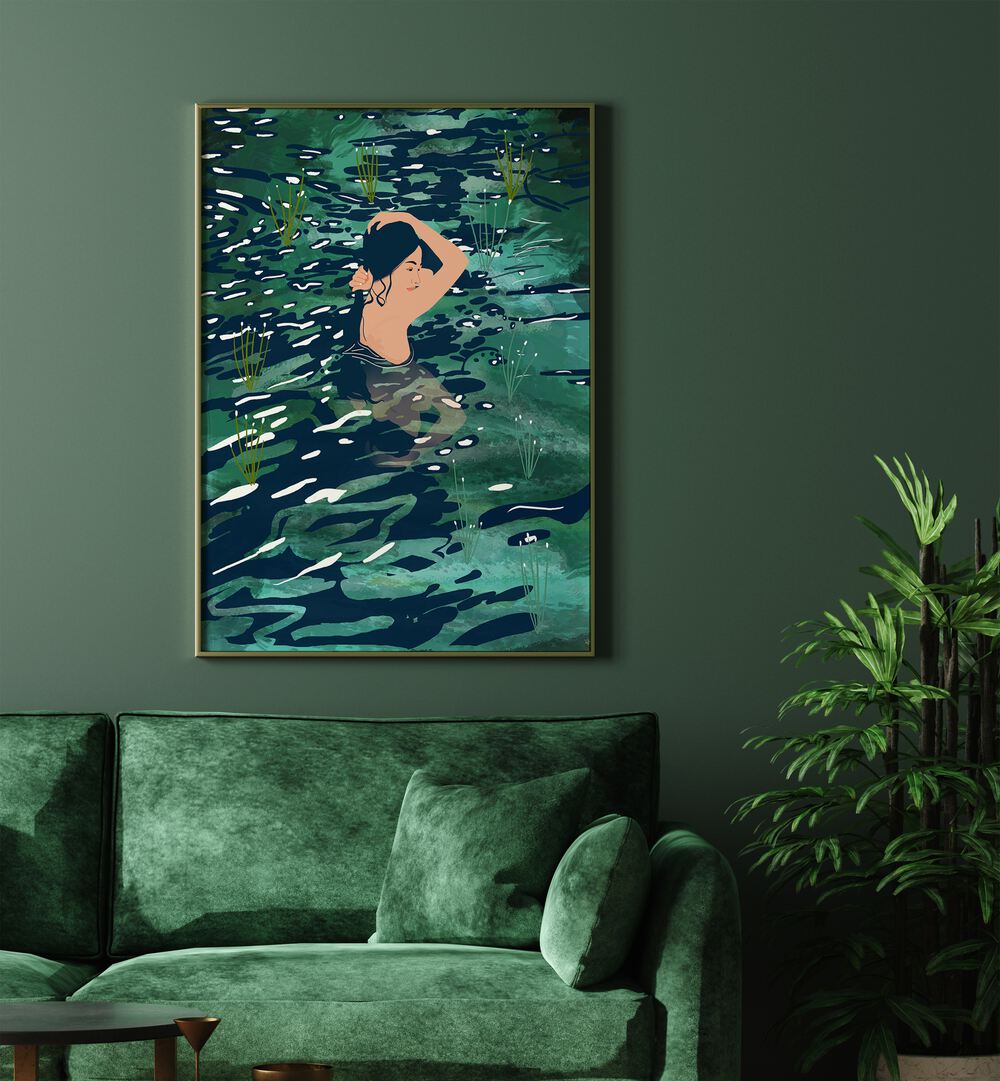 The Birth Of A Lake By Uma Gokhale Woman Illustration Paintings in Gold Plain Frame on a wall behind a green sofa