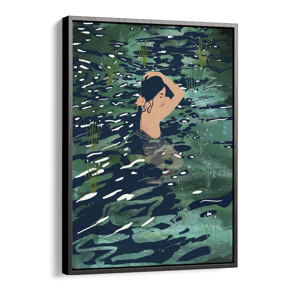 The Birth Of A Lake By Uma Gokhale Woman Illustration Paintings in Black Floater Frame