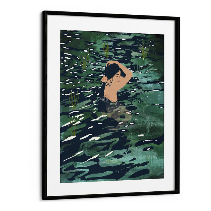 The Birth Of A Lake By Uma Gokhale Woman Illustration Paintings in Black Frame With Mount