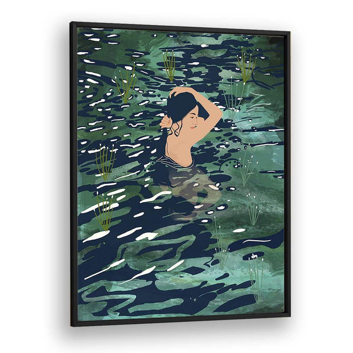 The Birth Of A Lake By Uma Gokhale Woman Illustration Paintings in Black Plain Frame