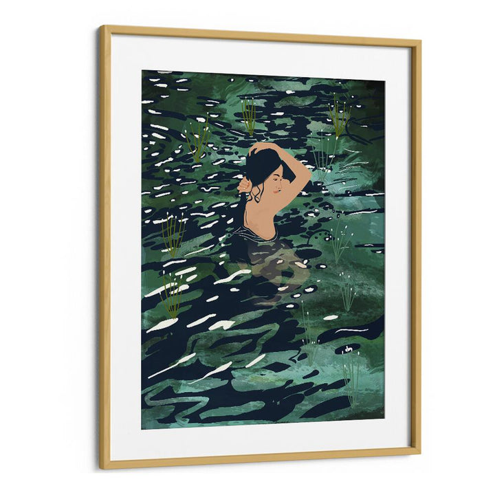 The Birth Of A Lake By Uma Gokhale Woman Illustration Paintings in Oak Wood Frame With Mount