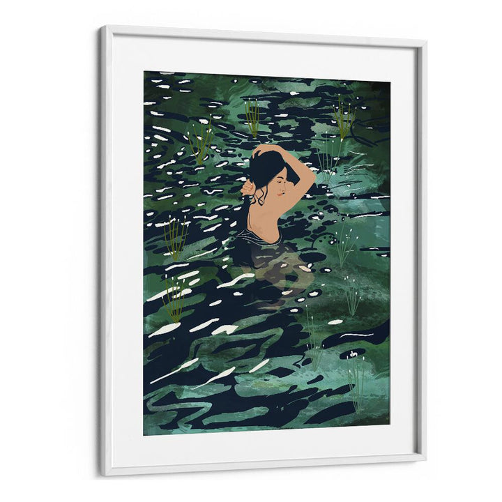 The Birth Of A Lake By Uma Gokhale Woman Illustration Paintings in White Frame With Mount