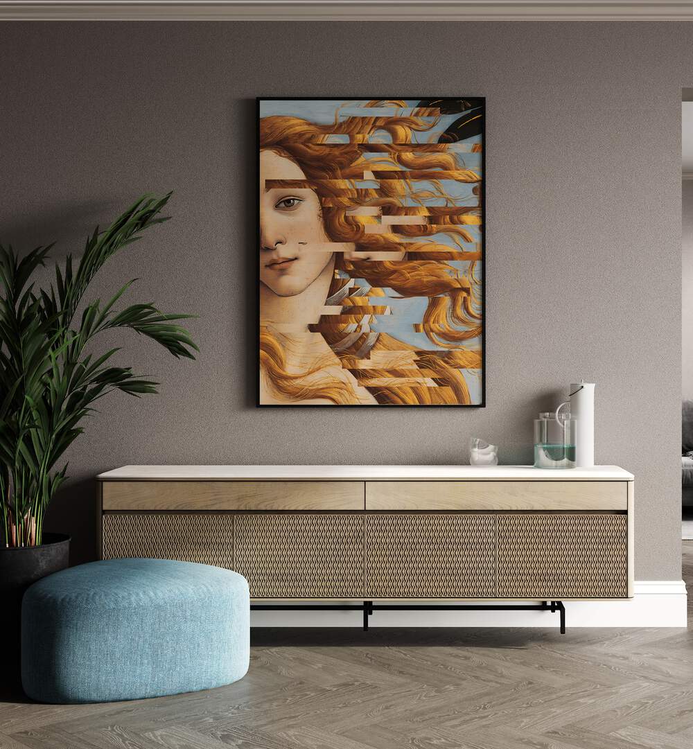 The Birth of Venus Altered Art by the Art Concept Altered Art Prints in Black Plain Frame on the wall behind  a console table