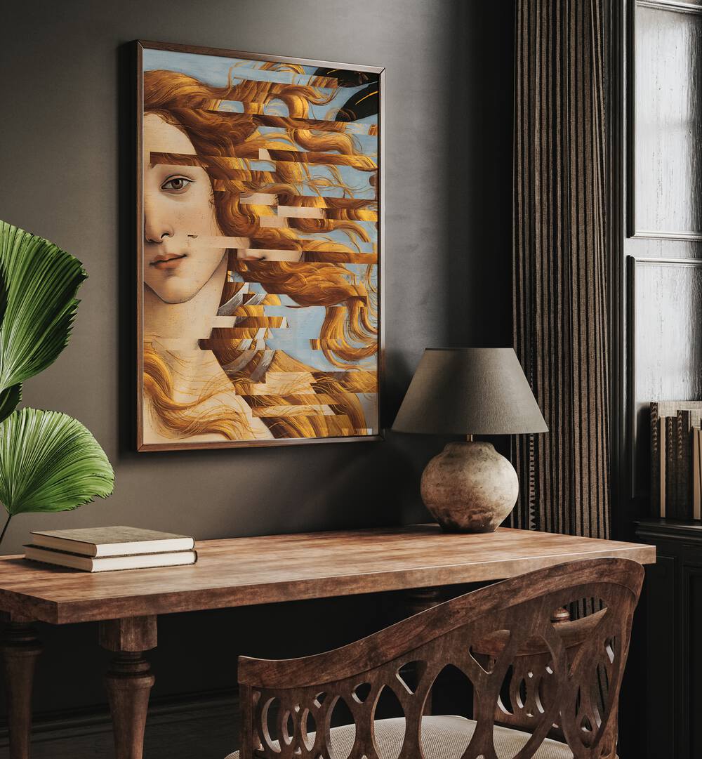 The Birth of Venus Altered Art by the Art Concept Altered Art Prints in Dark Wood Plain Frame placed on the wall above a study table