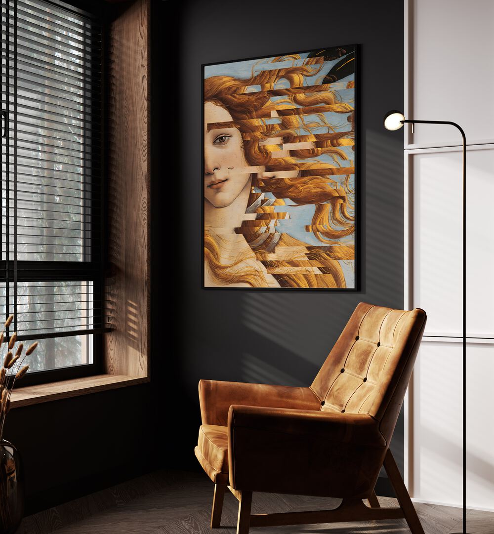 The Birth of Venus Altered Art by the Art Concept Altered Art Prints in Black Plain Frame placed on a wall beside an orange sofa