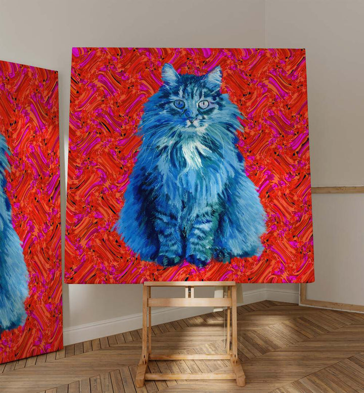 The Blue Cat By Lynnda Rakos Pop Art Paintings Pop Art Prints in Gallery Wrap  placed on a easel stand beside an artwork