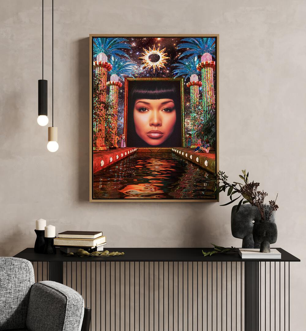 The Broadcast By Cosmo Zach Surreal Art Prints Surrealism in Oak Wood Floater Frame placed on the wall behind a table