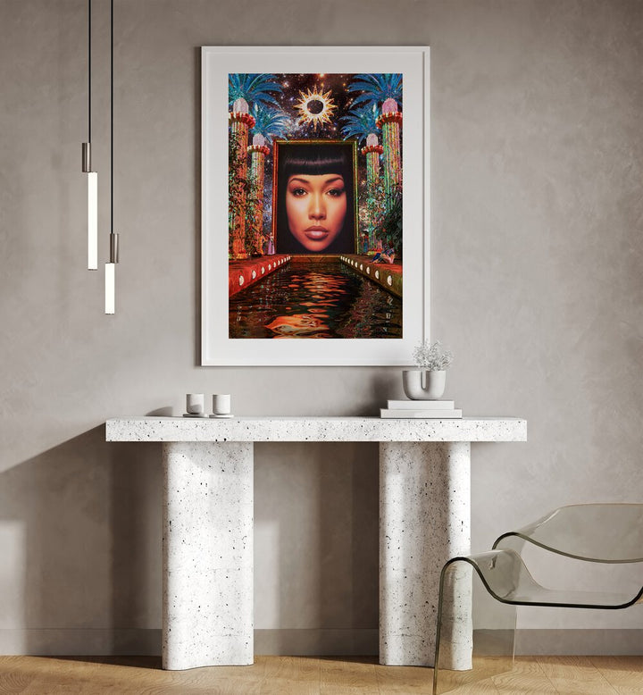 The Broadcast By Cosmo Zach Surreal Art Prints Surrealism in White Frame With Mount placed on the wall behind a table