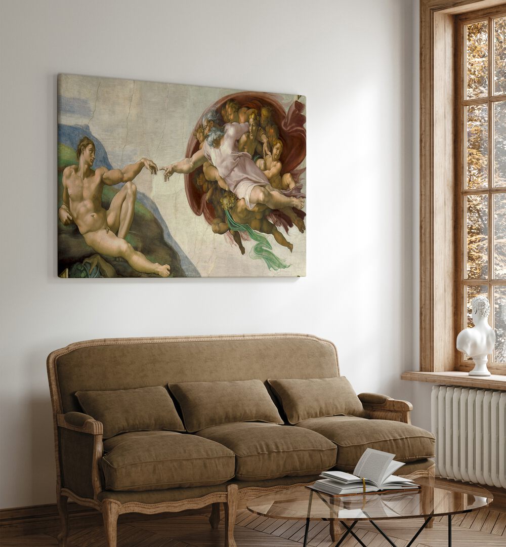 The Creation Of Adam Circa 1511 Vintage Paintings in Gallery Wrap placed on a white wall behind a sofa in a living room