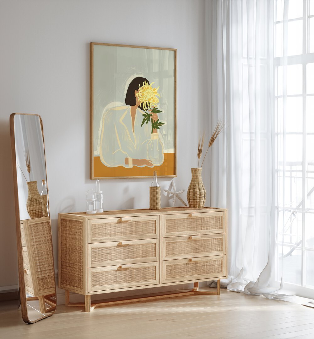 The Crysanthemum By Arty Guava Wall Art Prints in Oak Wood Plain Frame placed on a White Colored Wall above a Console Table in the Drawing Room 