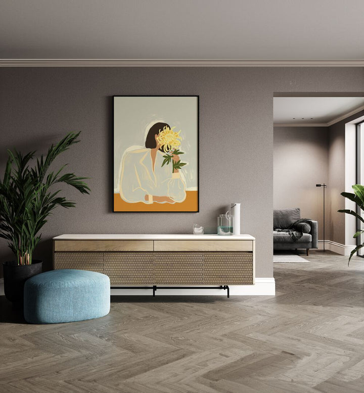 The Crysanthemum By Arty Guava Wall Art Prints in Black Plain Frame placed on a Beige Colored Wall above a Console Table in the Drawing Room