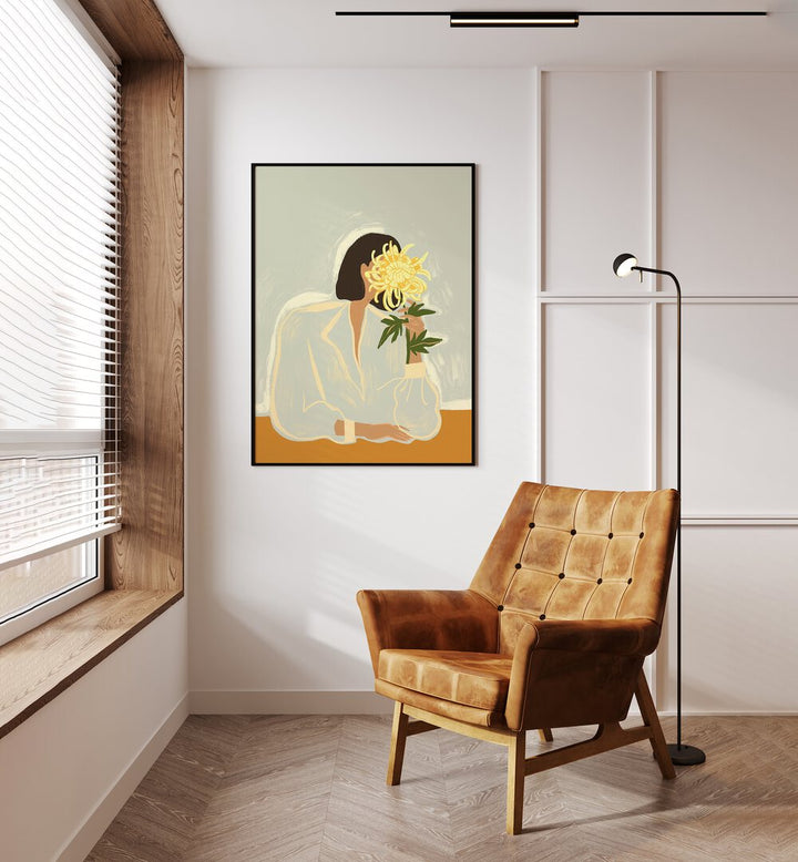 The Crysanthemum By Arty Guava Wall Art Prints in Black Plain Frame placed on a Cream Colored Wall in the Drawing Room